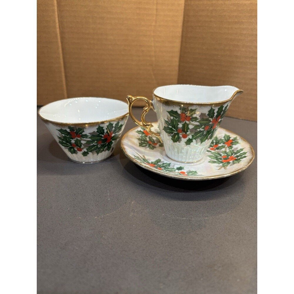 VTG Ucagco Christmas Holly Lusterware Tea Cup - Saucer - Sugar Bowl Gold Trim
